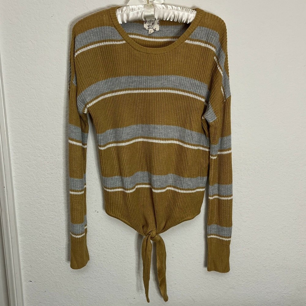 Hippie Rose Yellow Gray Sweater Striped Long Sleeve Tie Waist Knit Top Sz L